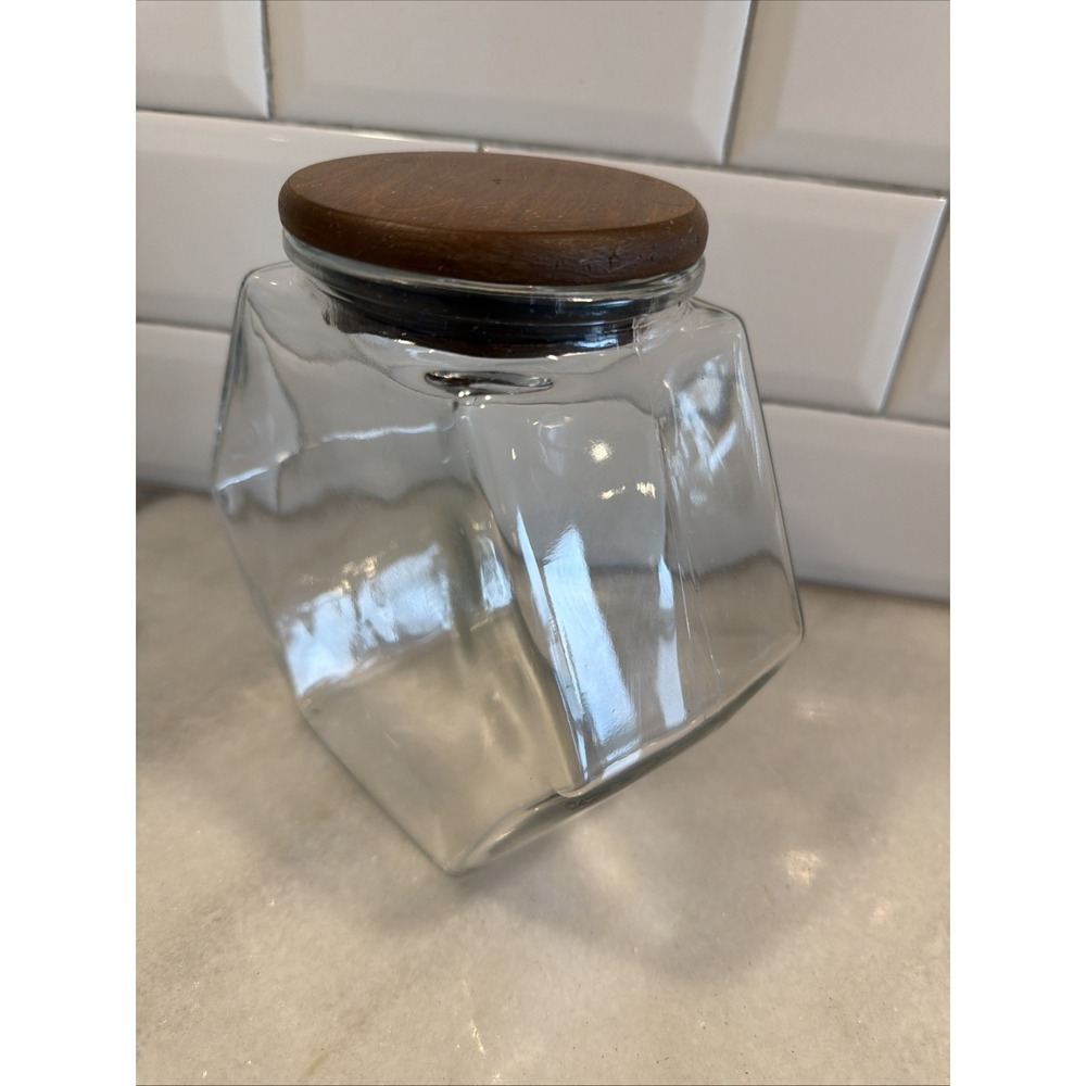 Vintage Teakwood Libbey Of Canada‎ Hexagon Glass Storage Jar